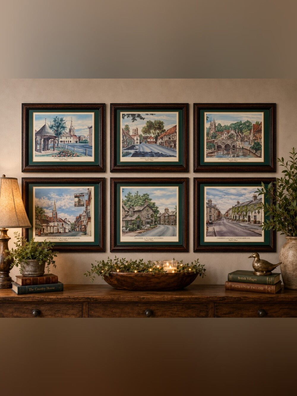Set of Six Framed English Villages  Prints in Brown Frames with Green Mats
